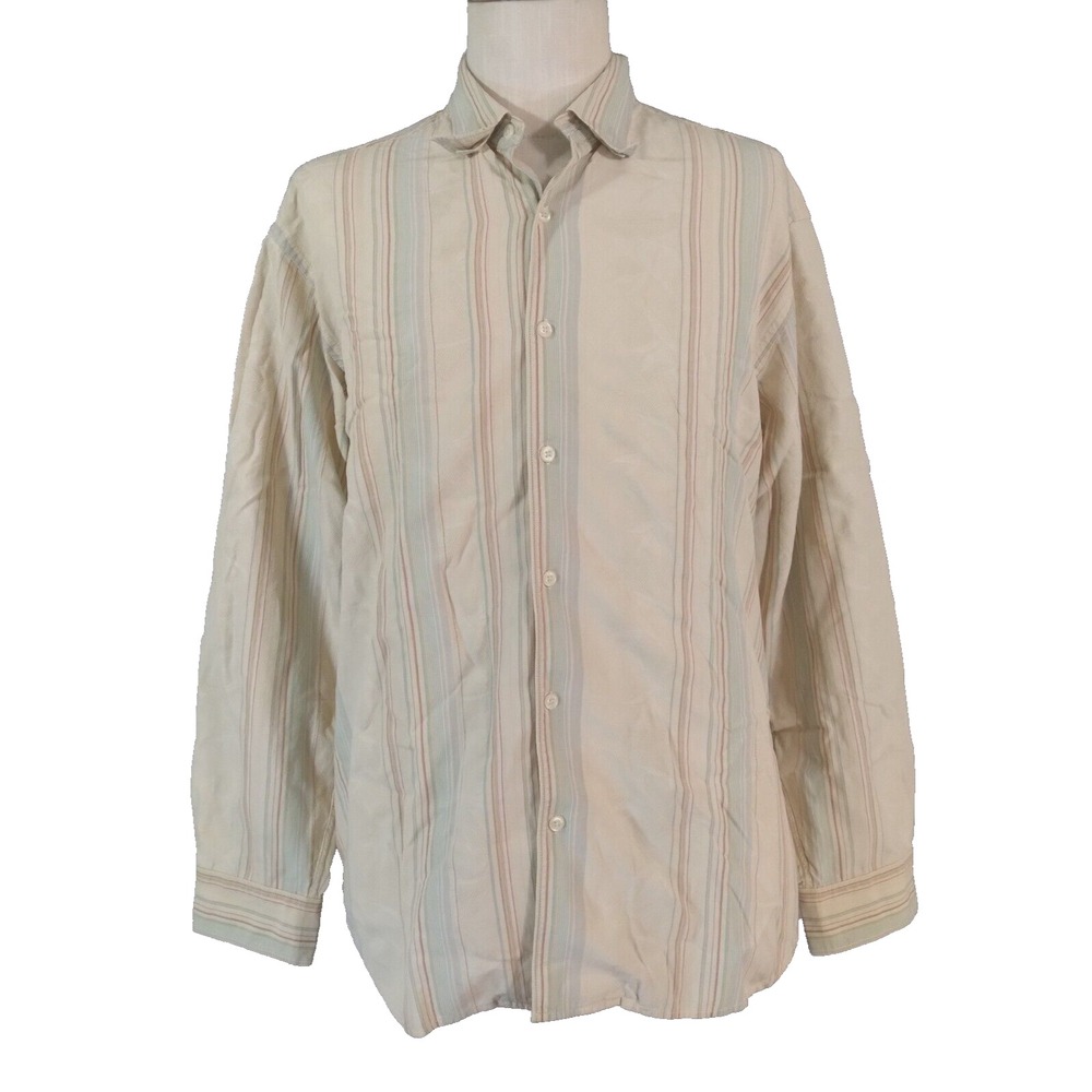 Tommy Bahama Button-Up Men Large Beige Striped Ghost Print Casual Long Sleeve